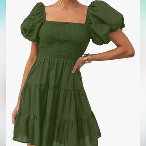 💚 Green boho summer neck puff sleeve mini dress
